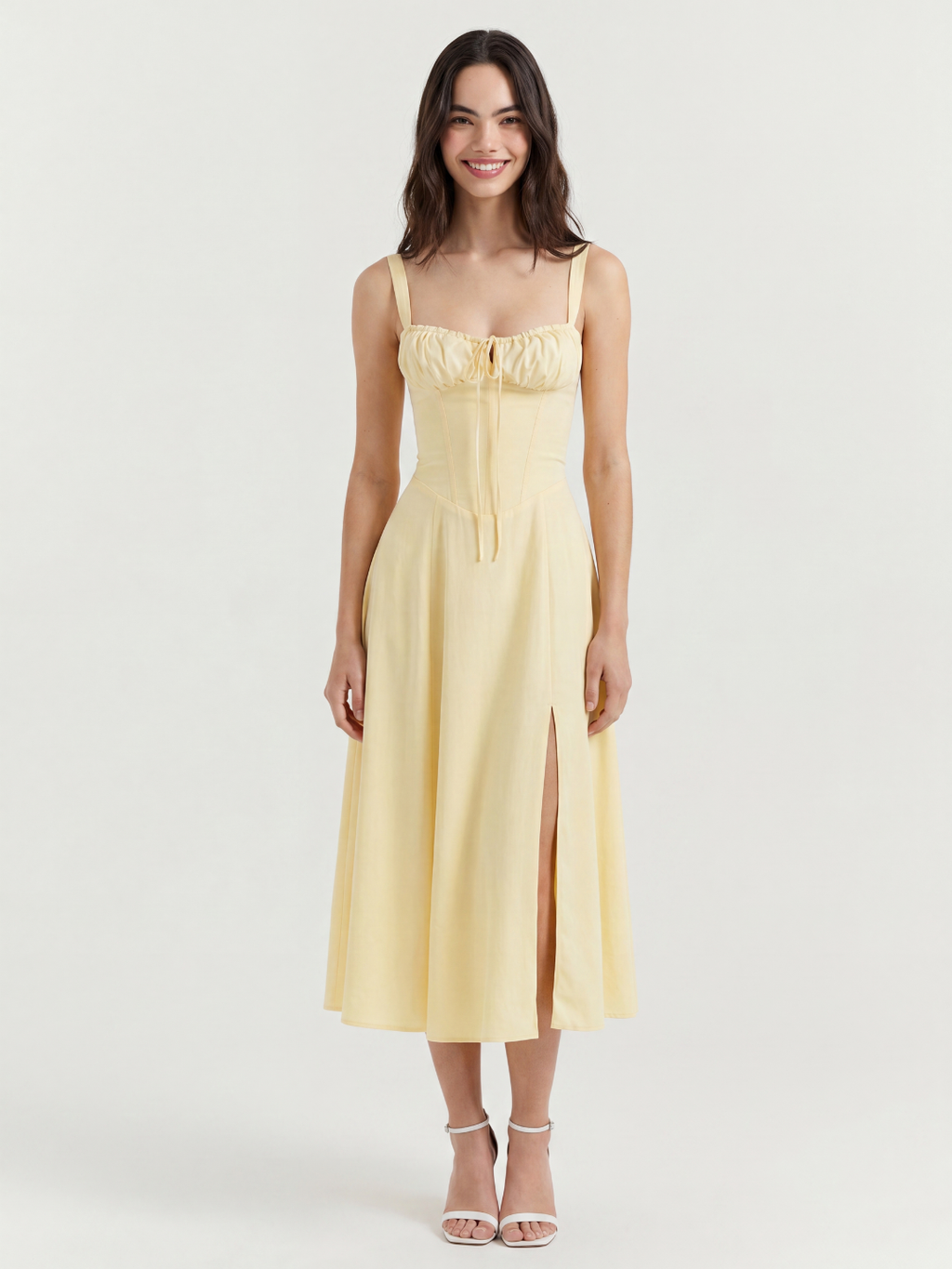 MIREILLE Women's Corset Cotton Midi Dress with Side Split