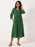 CORINNA Women's Linen Gathered Midi Dress with Three-Quarter Sleeves