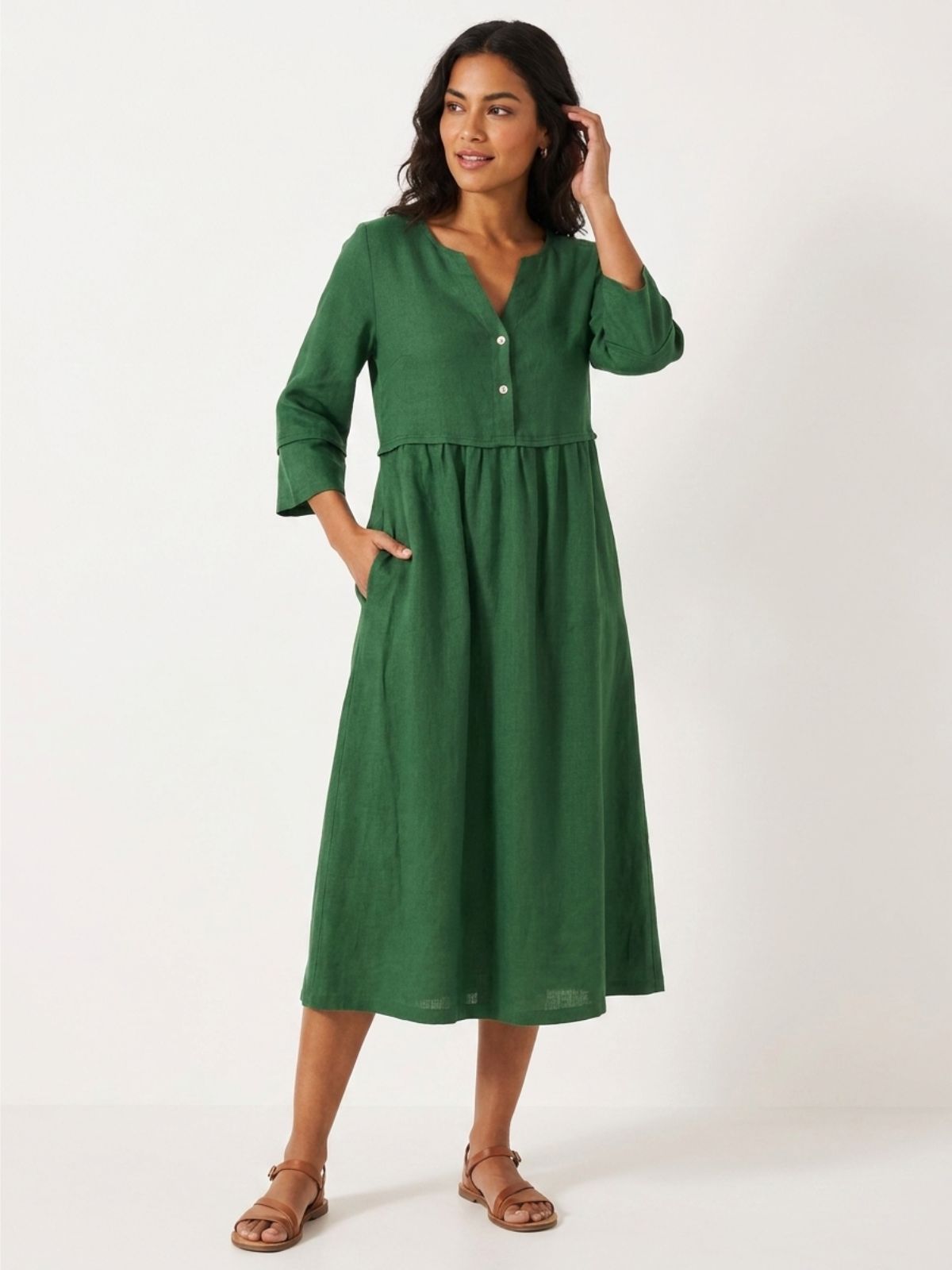 CORINNA Women's Linen Gathered Midi Dress with Three-Quarter Sleeves
