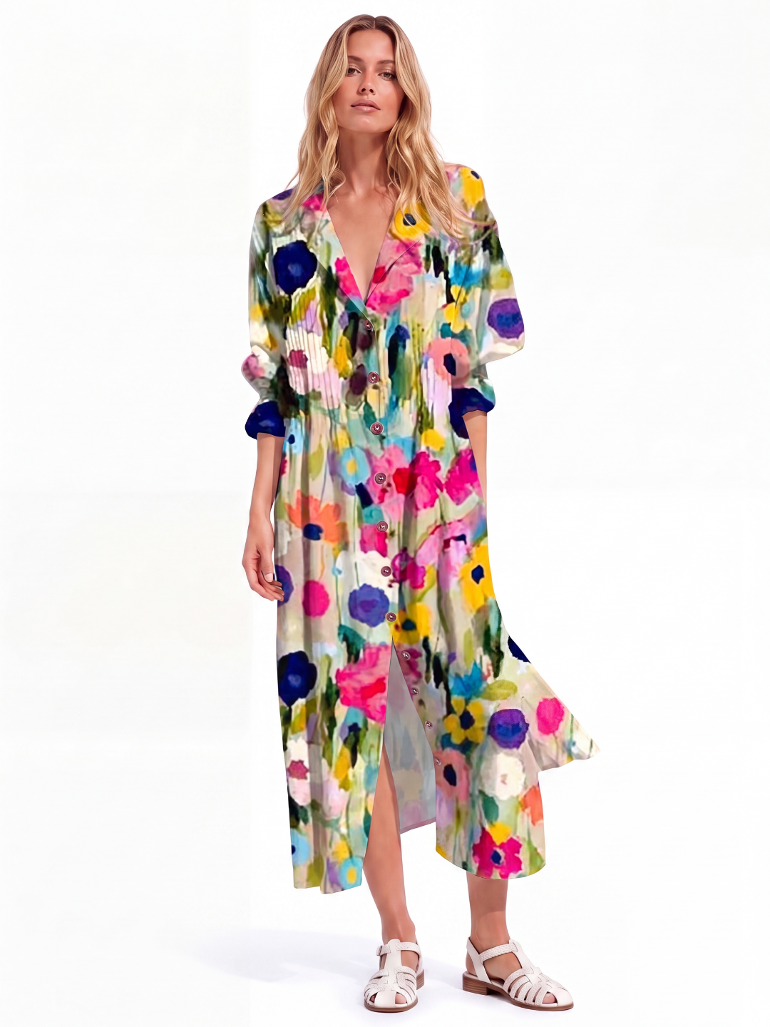 GRACIANA Women's Printed Button-Front V-Neck Boho Maxi Dress