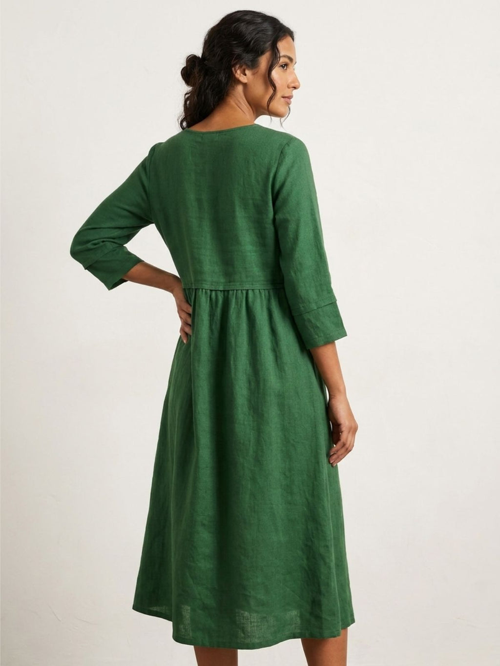 CORINNA Women's Linen Gathered Midi Dress with Three-Quarter Sleeves