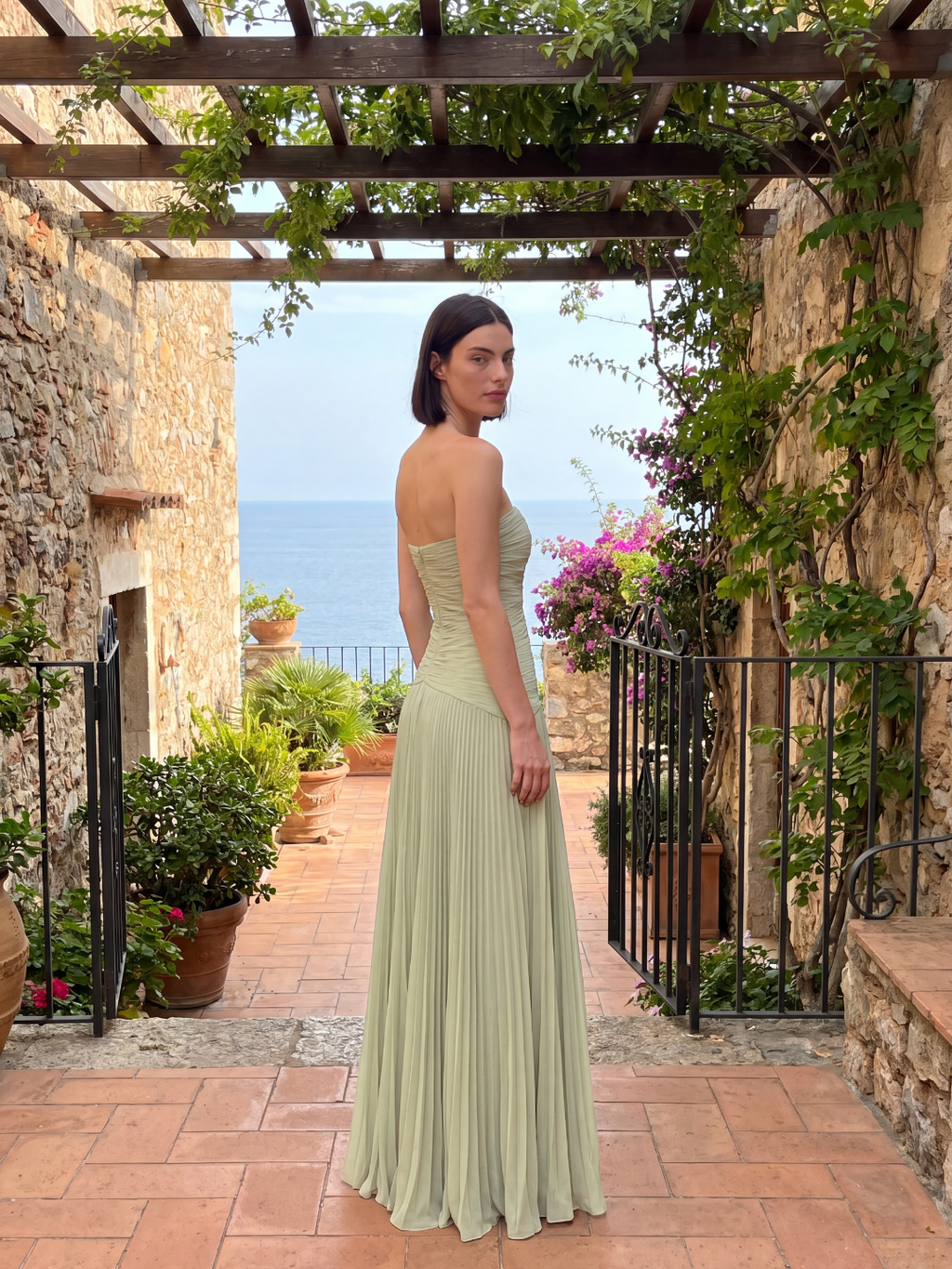 ONDINE Women's Strapless Ruched Dropped-Waist Pleated Maxi Dress