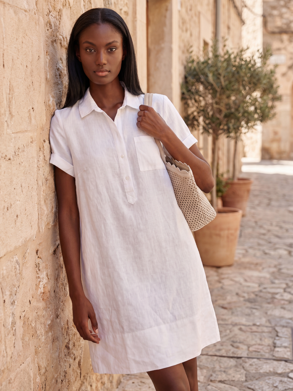LUCREZIA Women's Short-Sleeve Linen Relaxed Popover Shirtdress with Pockets