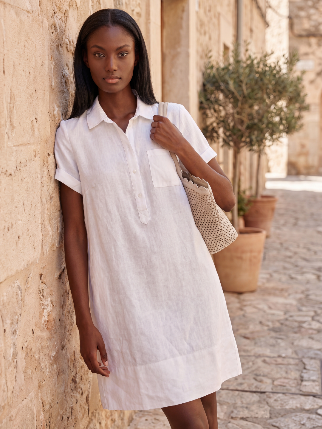 LUCREZIA Women's Short-Sleeve Linen Relaxed Popover Shirtdress with Pockets
