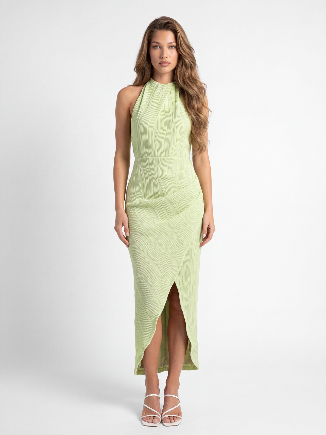 TESSALY Women's High-Neck Pleated Asymmetric Wrap Maxi Dress