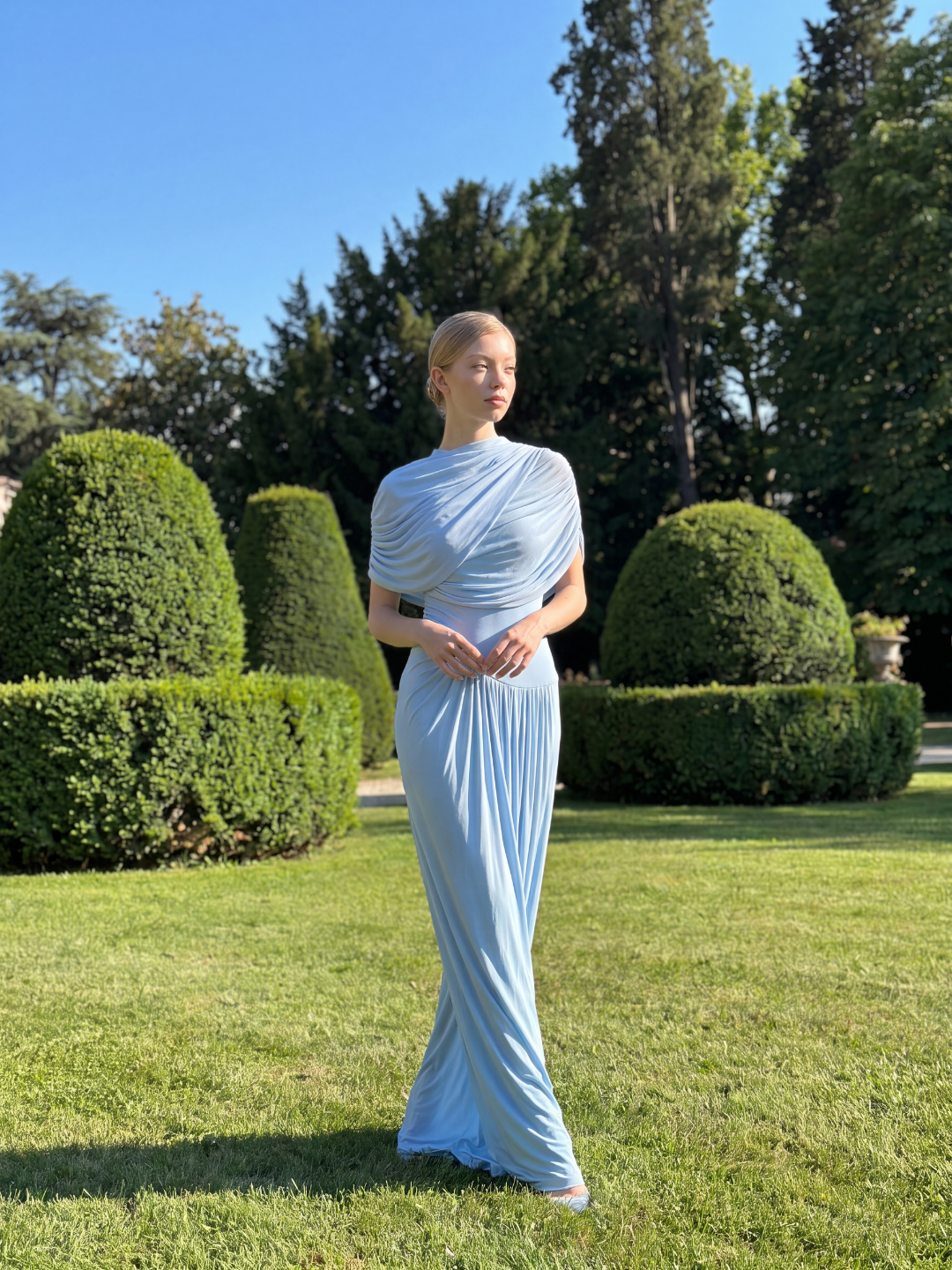 CORISANDE Women's Draped Pleated High-Neck Maxi Dress