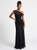 PERCEVAL Women's Asymmetric Off-Shoulder Ruched Mesh Maxi Gown