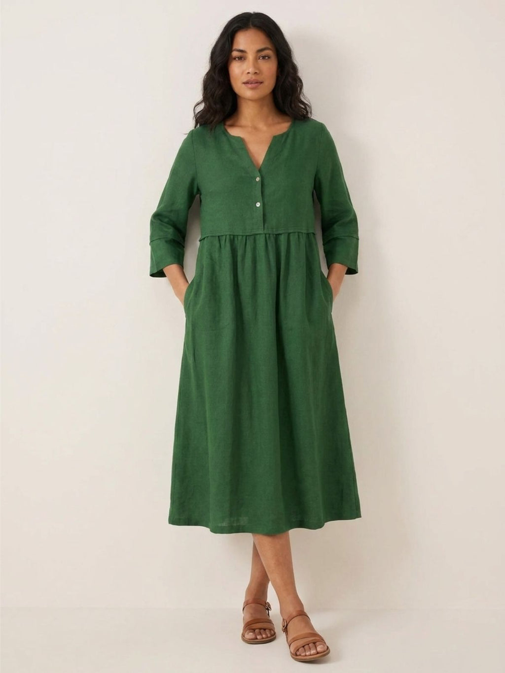 CORINNA Women's Linen Gathered Midi Dress with Three-Quarter Sleeves