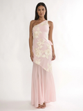 AMBERLYN Women's One-Shoulder Floral Sheer-Hem Maxi Dress