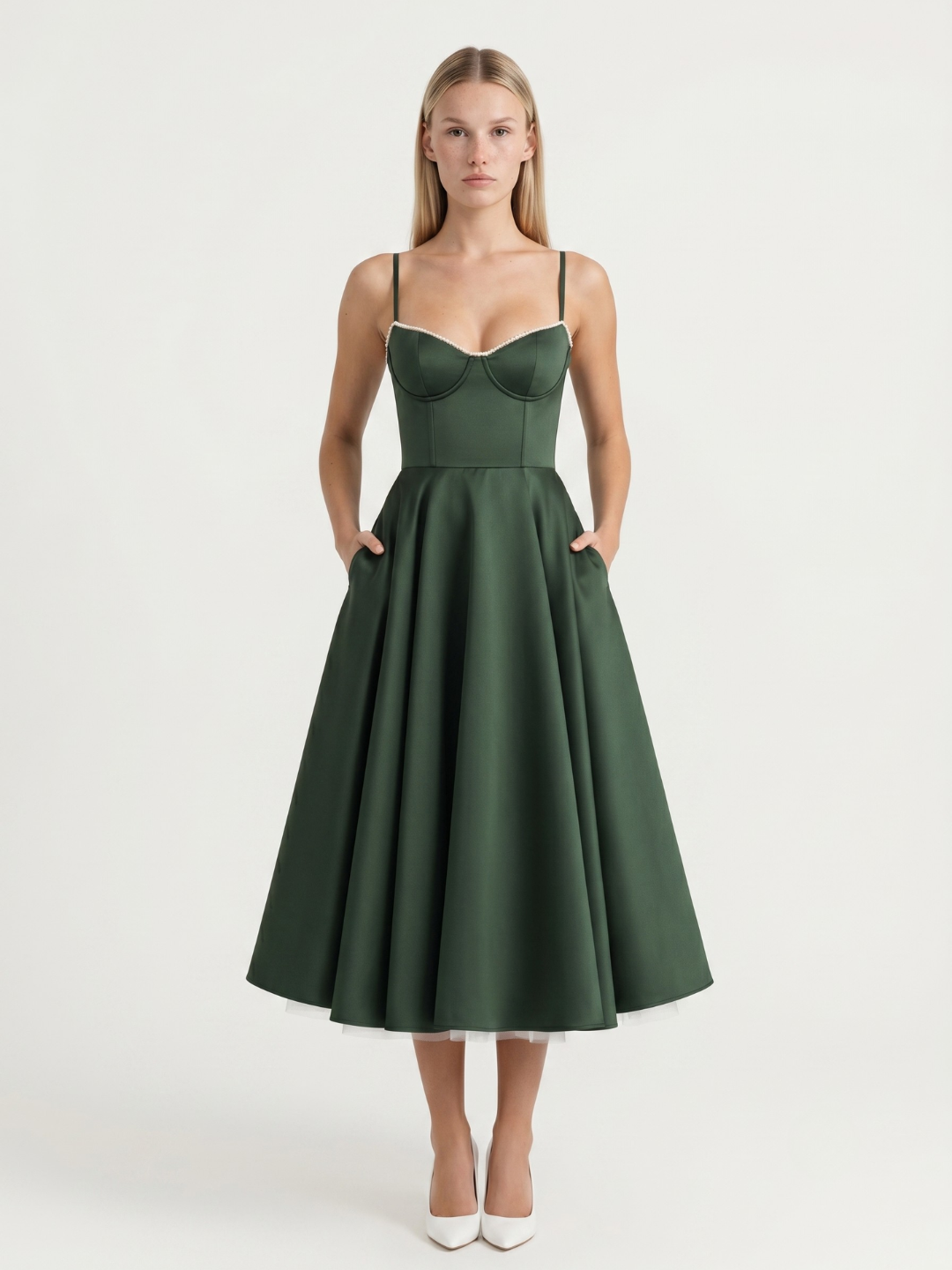 BELARINE Women's Sweetheart Bustier Tulle Midi Dress with Pockets