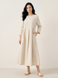 JESSAMYN Women's Long-Sleeve Linen Pleated Maxi Dress with Pockets