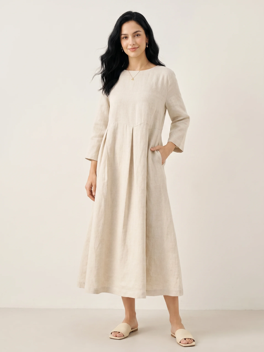 JESSAMYN Women's Long-Sleeve Linen Pleated Maxi Dress with Pockets