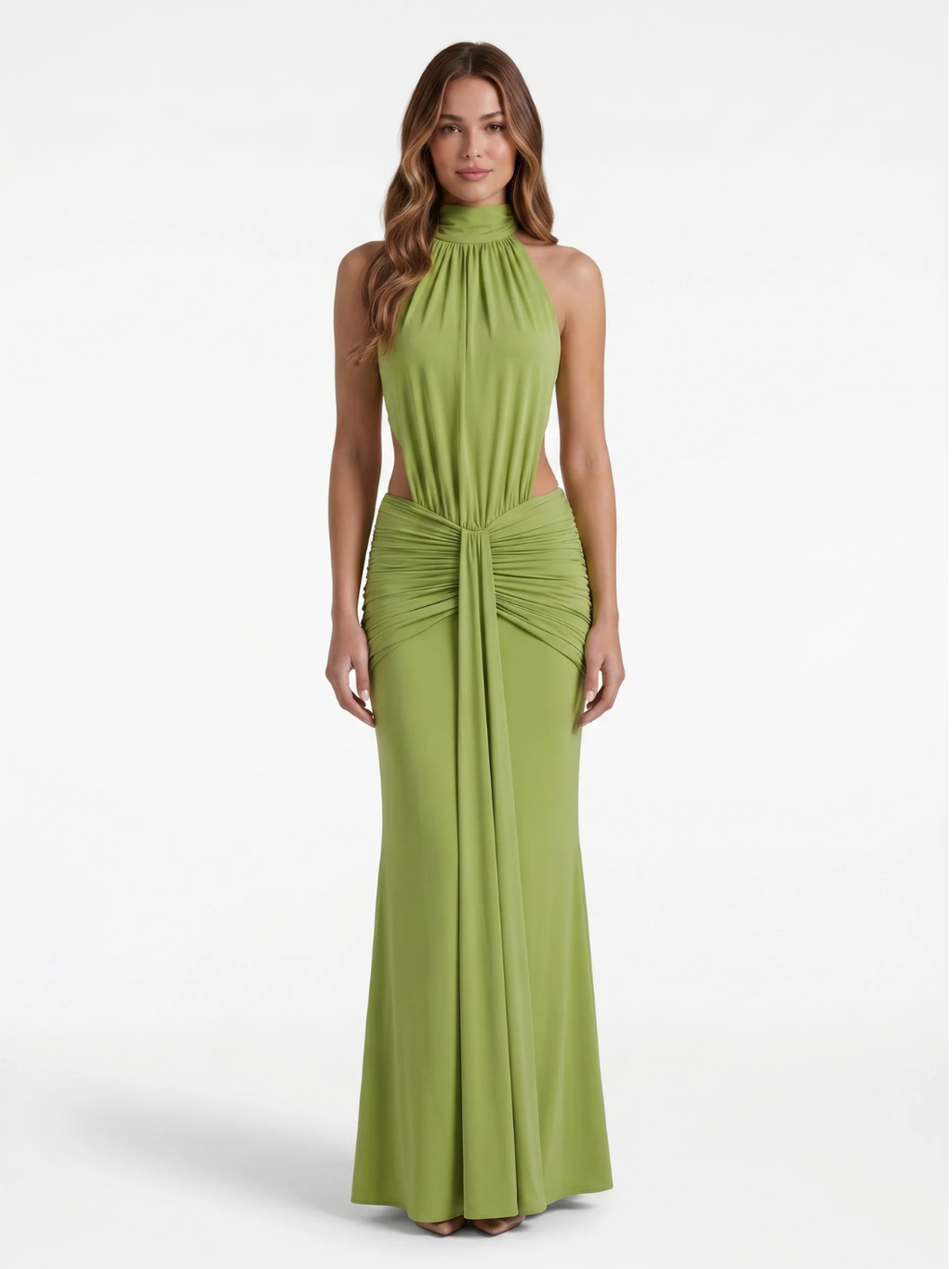 BELINDA Women's Halter Neck Side-Cutout Ruched Waist Maxi Dress