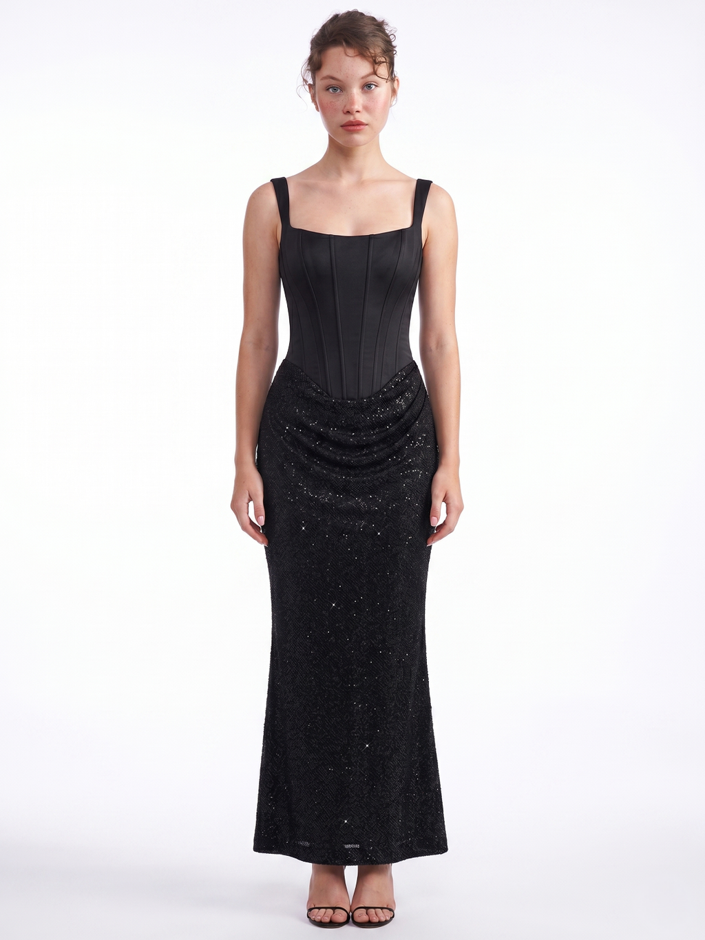 ETTAMAE Women's Corset Midi Dress with Embellished Skirt