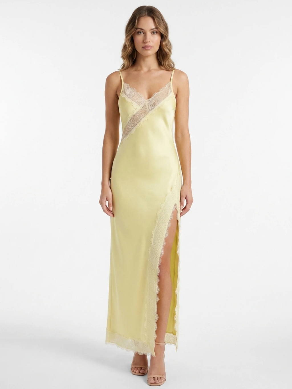 ELOWYN Women's Satin Lace-Trim Slip Maxi Dress