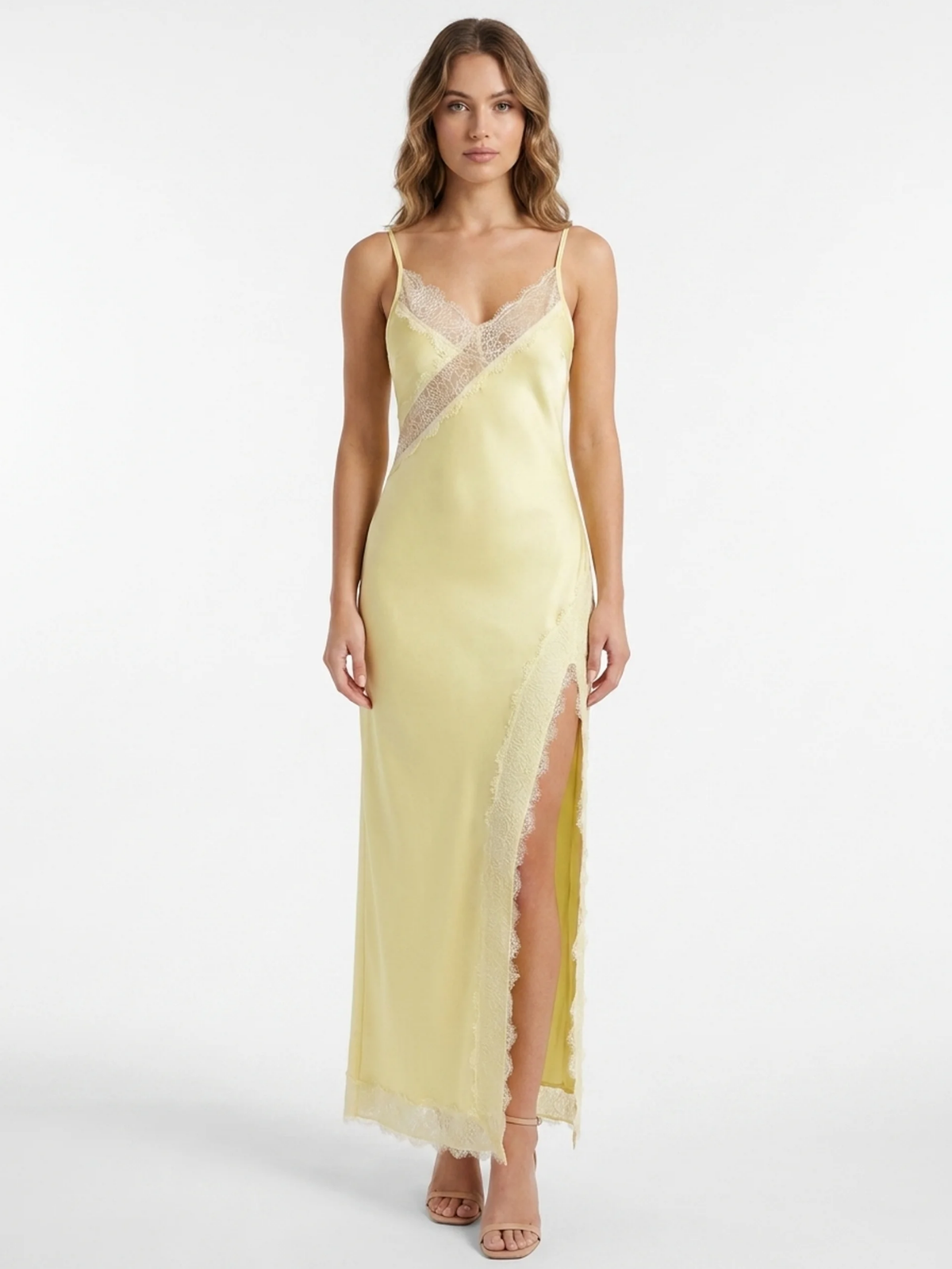 ELOWYN Women's Satin Lace-Trim Slip Maxi Dress