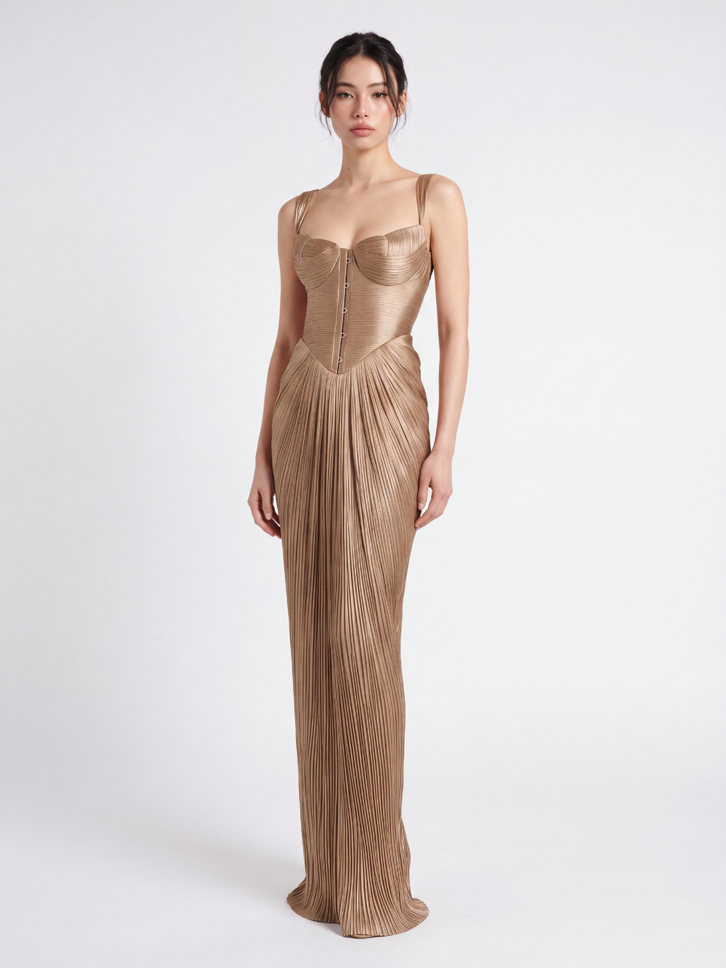 RAFFAELLA Women's Pleated Corset Bustier Maxi Dress