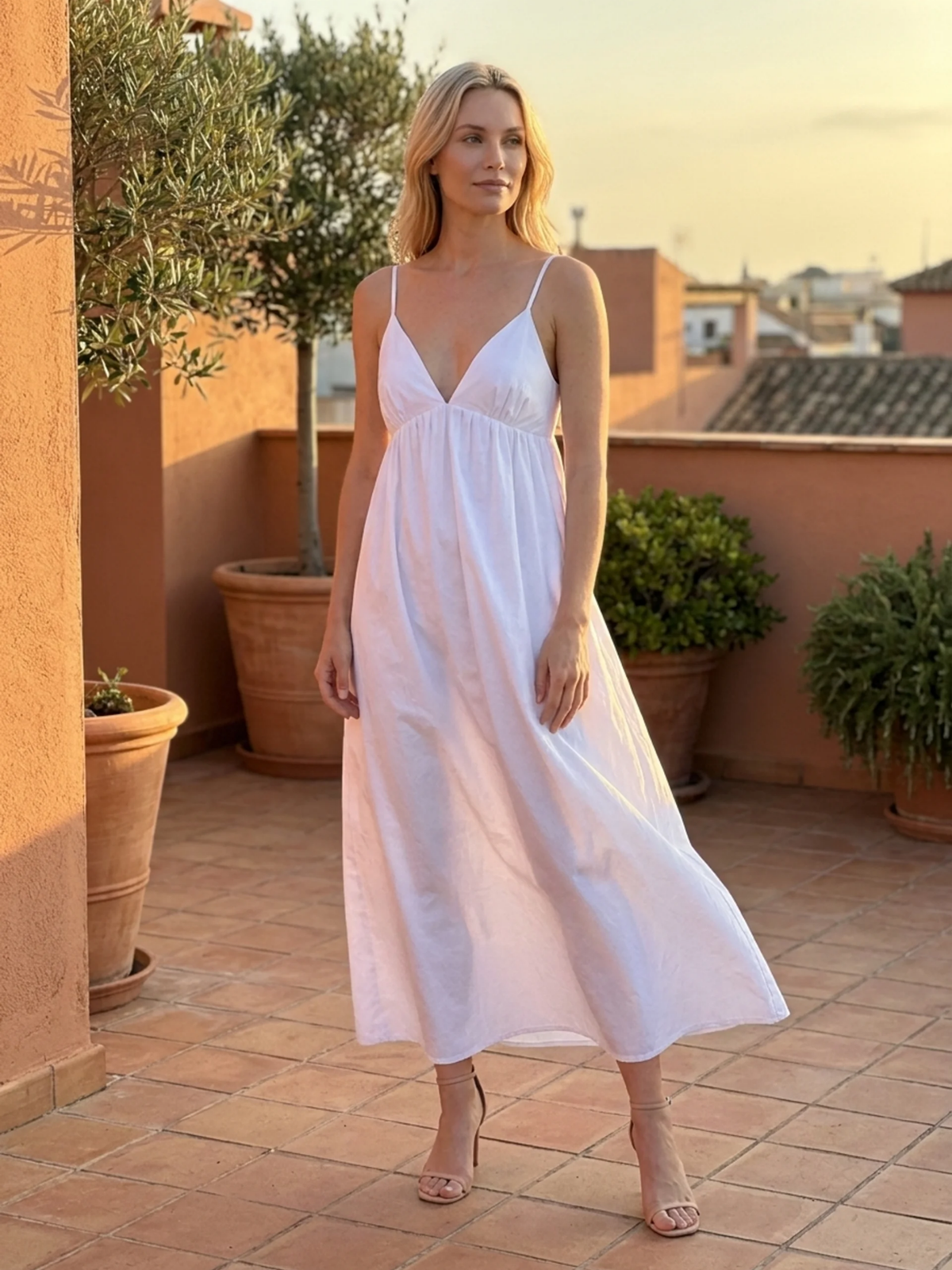 WINNIFRED Women's V-Neck Open-Back Cotton Maxi Dress
