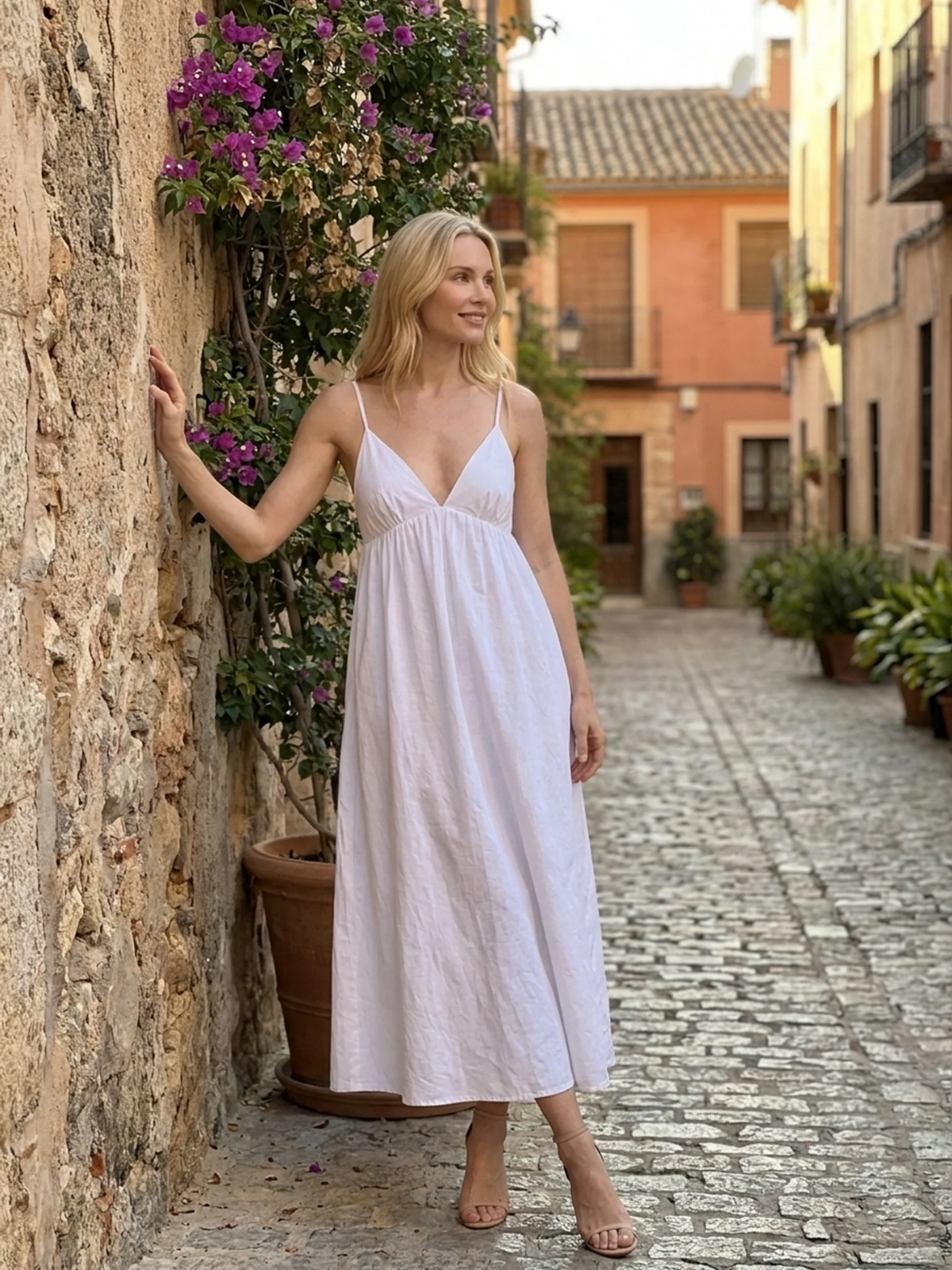 WINNIFRED Women's V-Neck Open-Back Cotton Maxi Dress