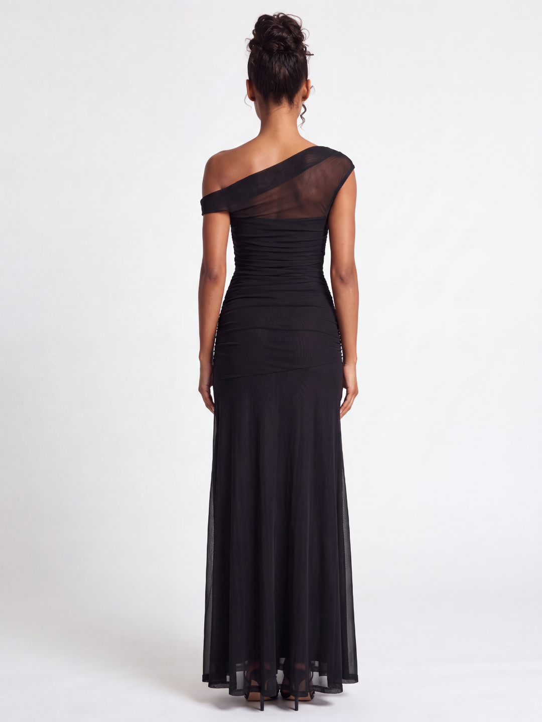 PERCEVAL Women's Asymmetric Off-Shoulder Ruched Mesh Maxi Gown