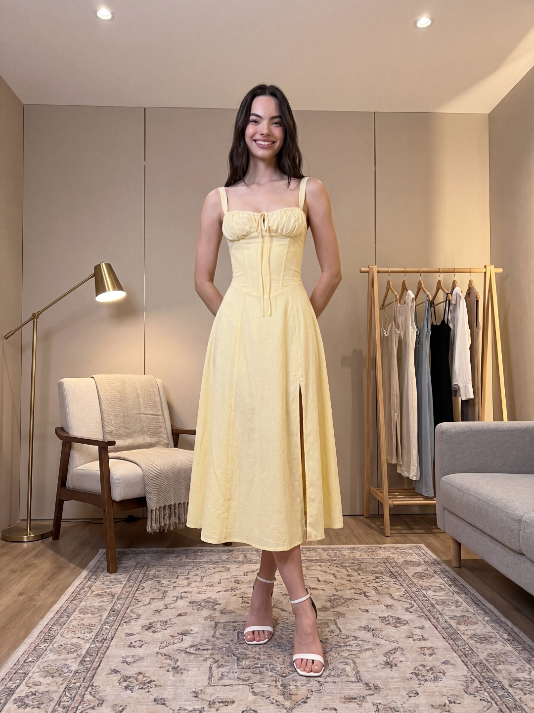 MIREILLE Women's Corset Cotton Midi Dress with Side Split