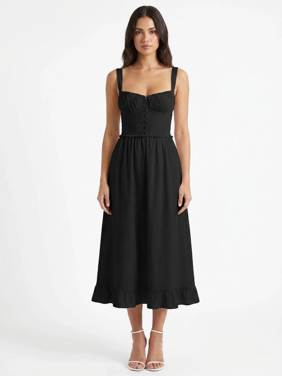 AMBEROUX Women's Ruffle Hem Button-Front Cami Midi Dress