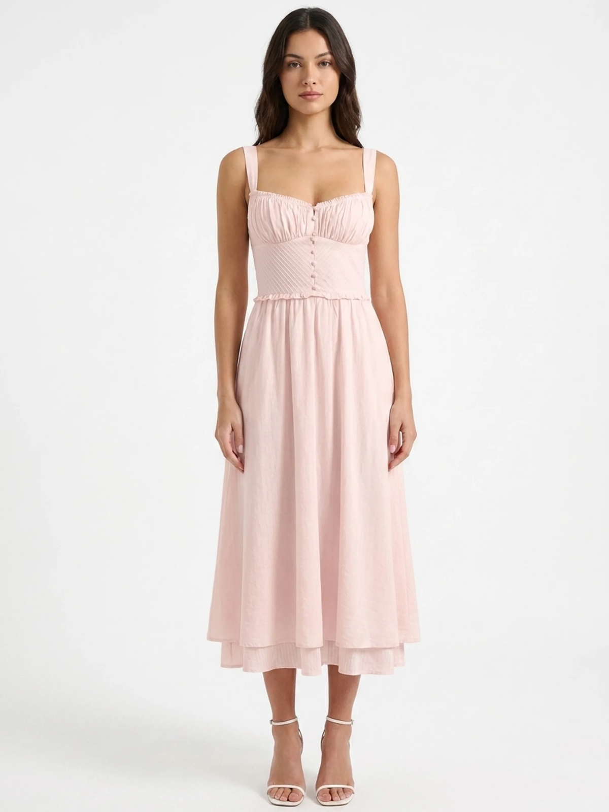 AMBEROUX Women's Ruffle Hem Button-Front Cami Midi Dress