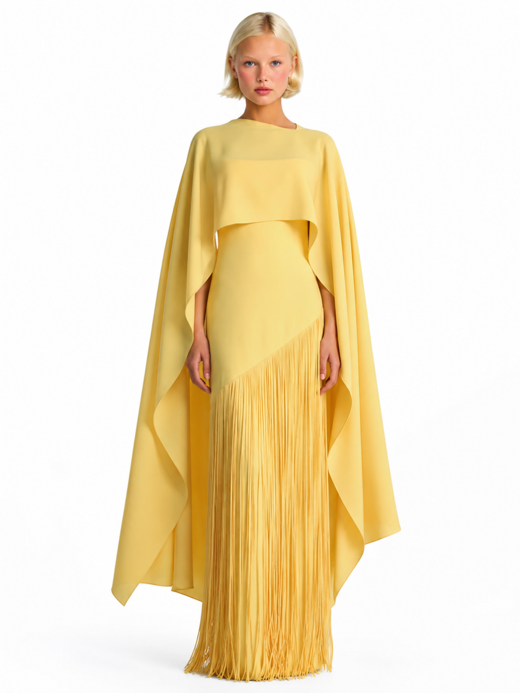CORALEEN Women's Fringe Cape Asymmetric Maxi Dress