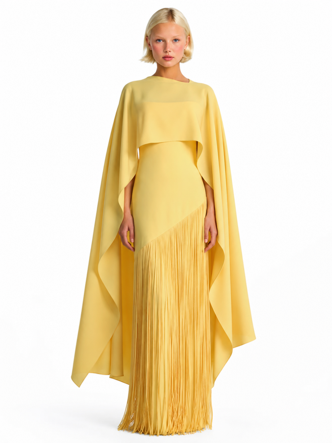 CORALEEN Women's Fringe Cape Asymmetric Maxi Dress