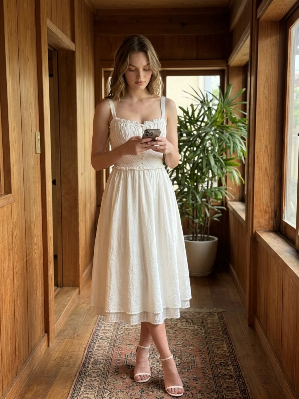AMBEROUX Women's Ruffle Hem Button-Front Cami Midi Dress