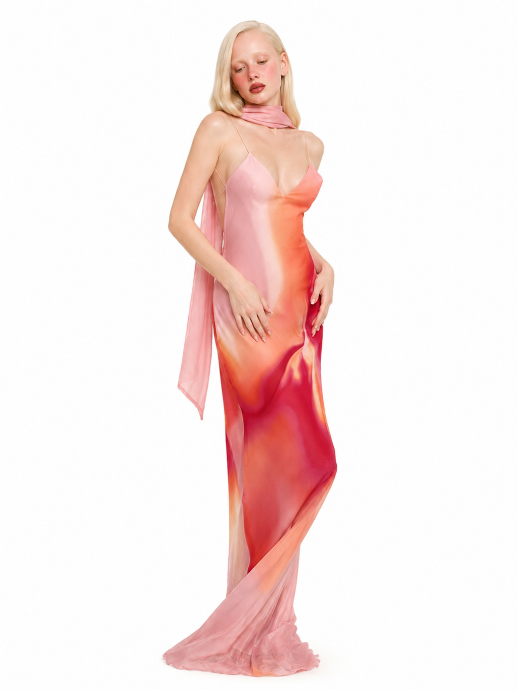 JUNIA Women's Ombre Satin Open-Back Scarf-Neck Maxi Dress