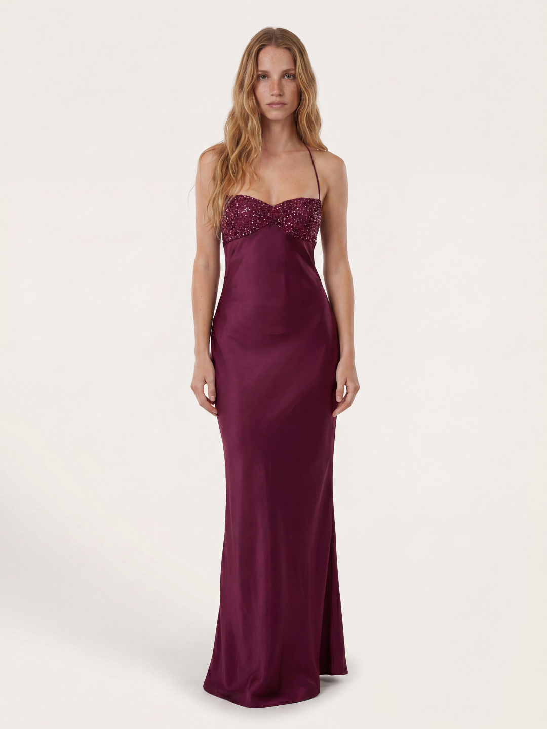 MARABEL Women's Sequin Sweetheart Satin Maxi Dress with Lace-Up Back