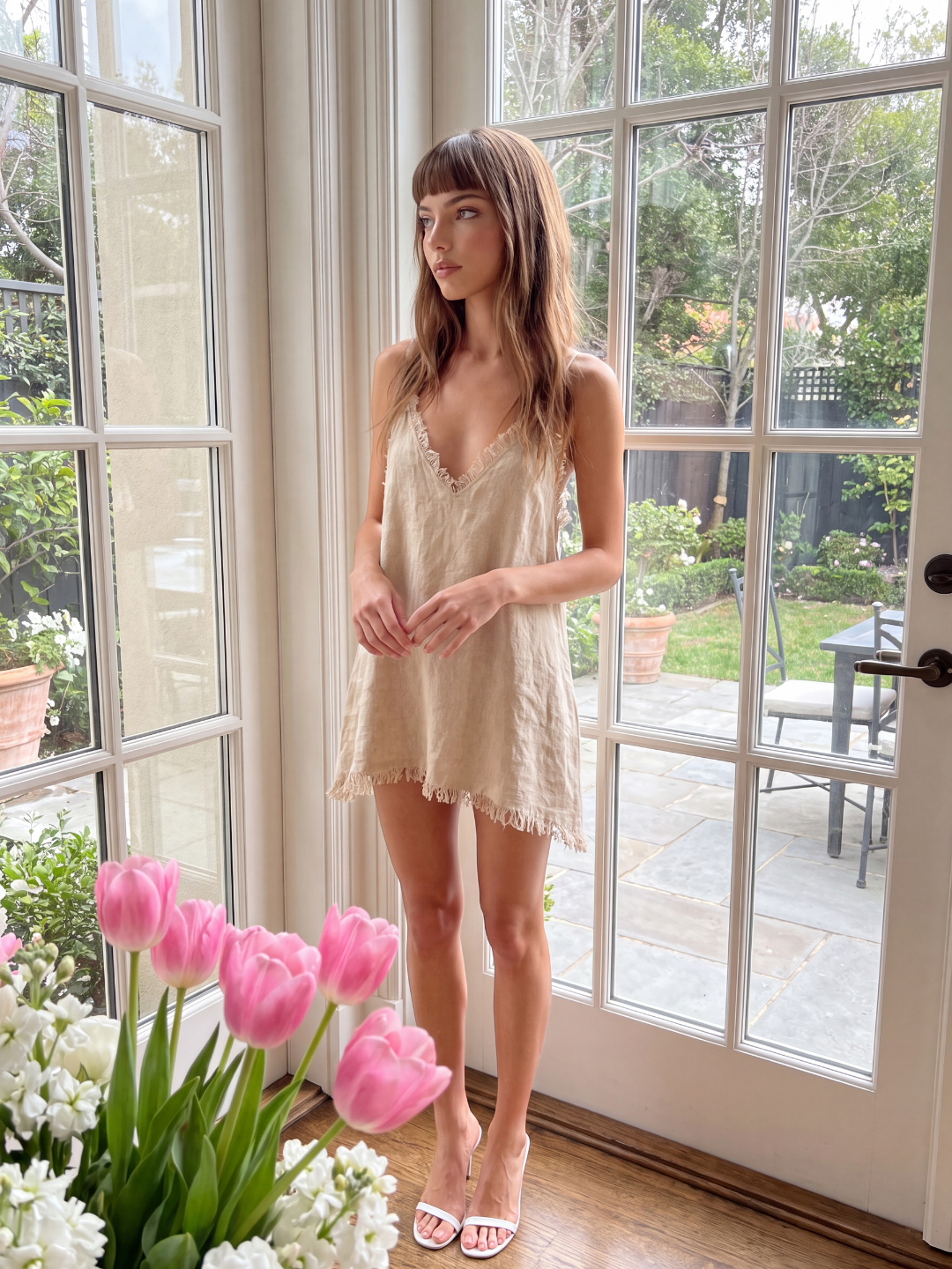KYRIELLE Women's Frayed-Edge Linen-Blend Slip Mini Dress