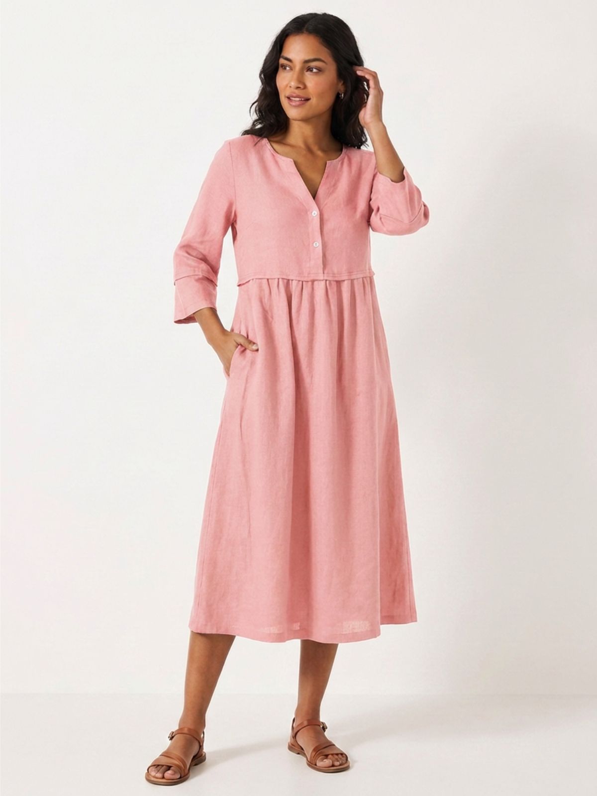 CORINNA Women's Linen Gathered Midi Dress with Three-Quarter Sleeves