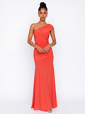 AMANCIA Women's One-Shoulder Ruched Asymmetric Maxi Dress