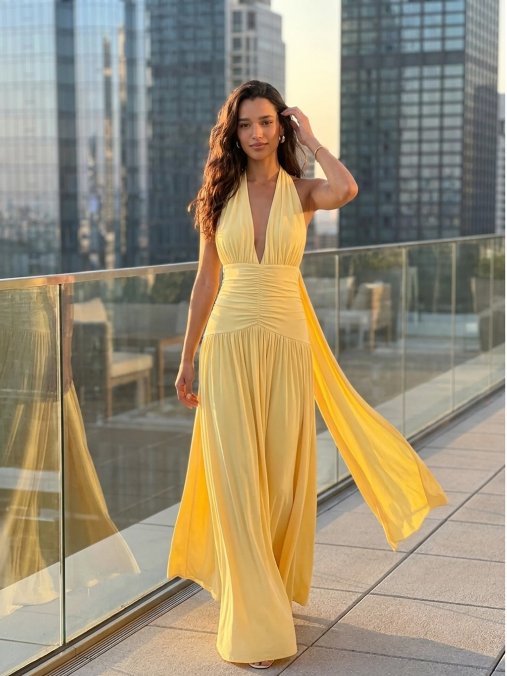 ISOLDE Women's Plunge-Neck Maxi Dress with Gathered Detailing
