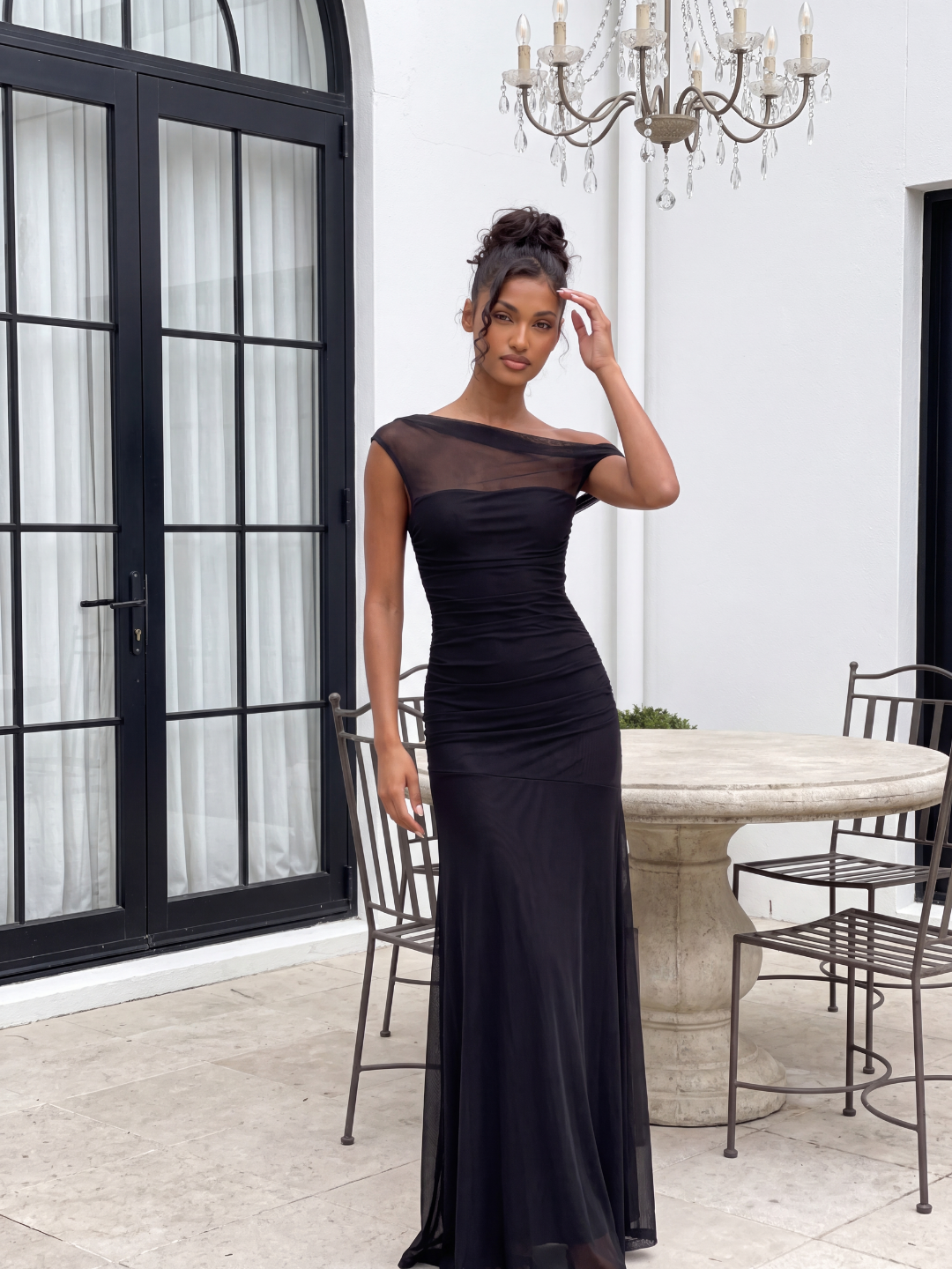 PERCEVAL Women's Asymmetric Off-Shoulder Ruched Mesh Maxi Gown