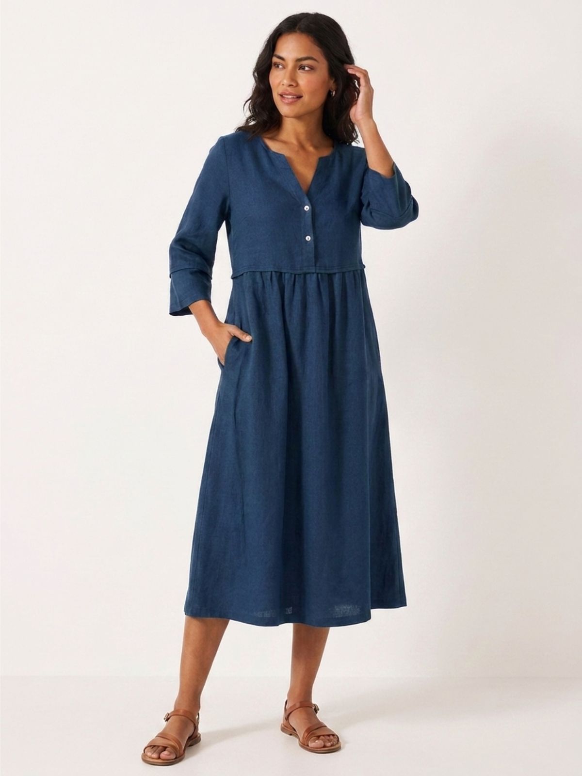 CORINNA Women's Linen Gathered Midi Dress with Three-Quarter Sleeves