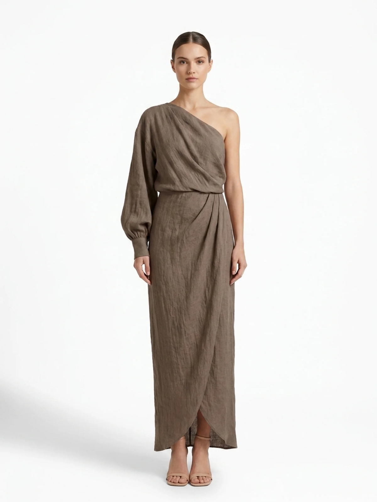 AMBERDINE Women's Linen One-Shoulder Maxi Dress