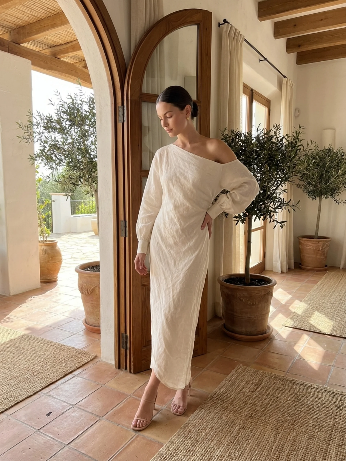 AMBERDINE Women's Linen One-Shoulder Maxi Dress