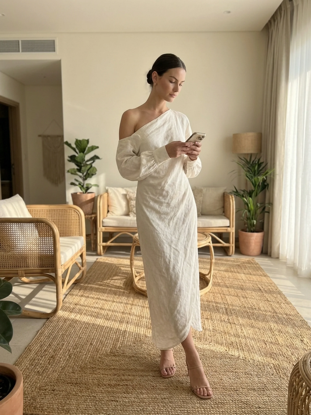 AMBERDINE Women's Linen One-Shoulder Maxi Dress