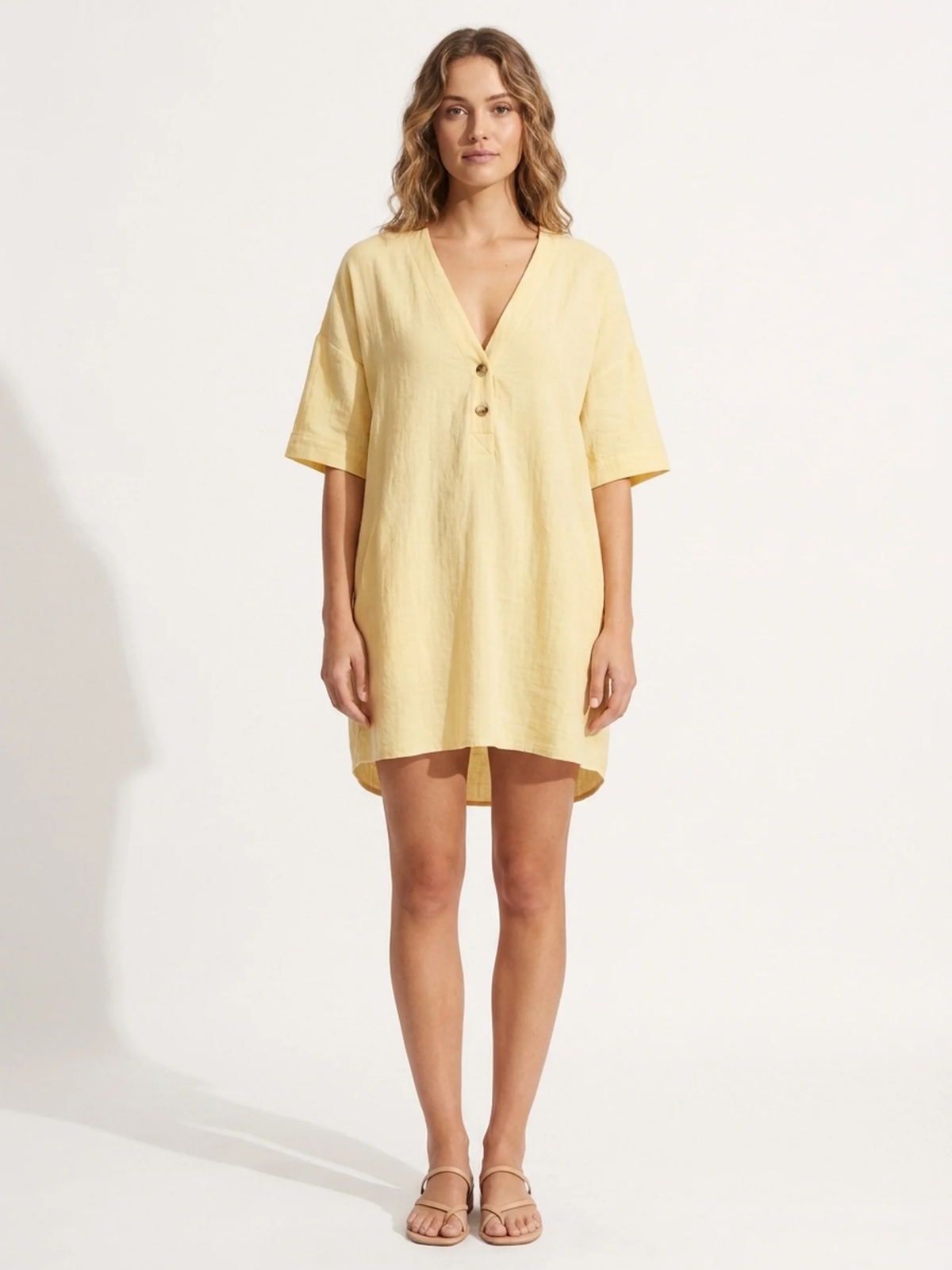INGEBORG Women's V-Neck Linen Shift Mini Dress