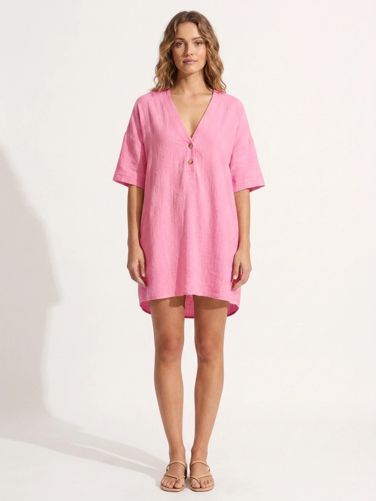 INGEBORG Women's V-Neck Linen Shift Mini Dress