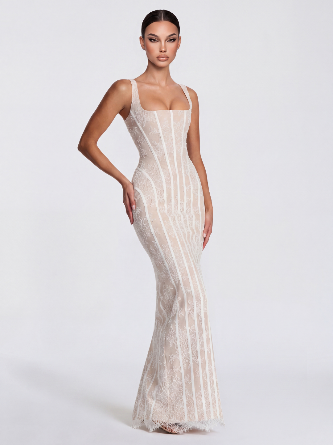 USHANA Women's Floral Lace Square-Neck Column Maxi Dress