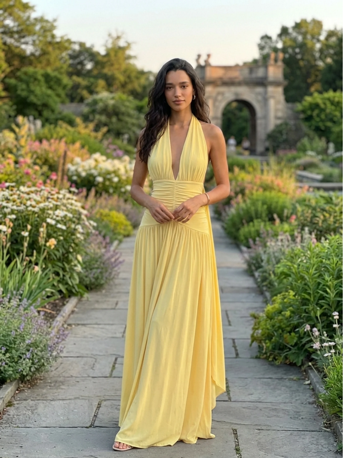 ISOLDE Women's Plunge-Neck Maxi Dress with Gathered Detailing