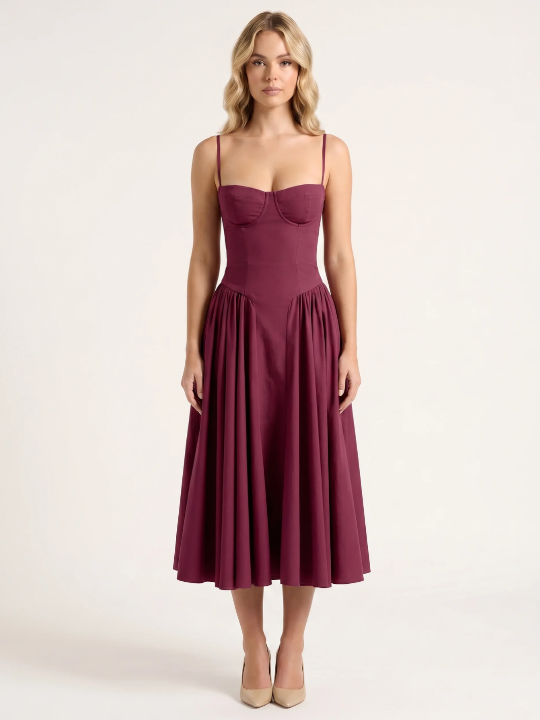 ZAHA Women's Strapless Corset Bodice Full-Skirt Midi Dress