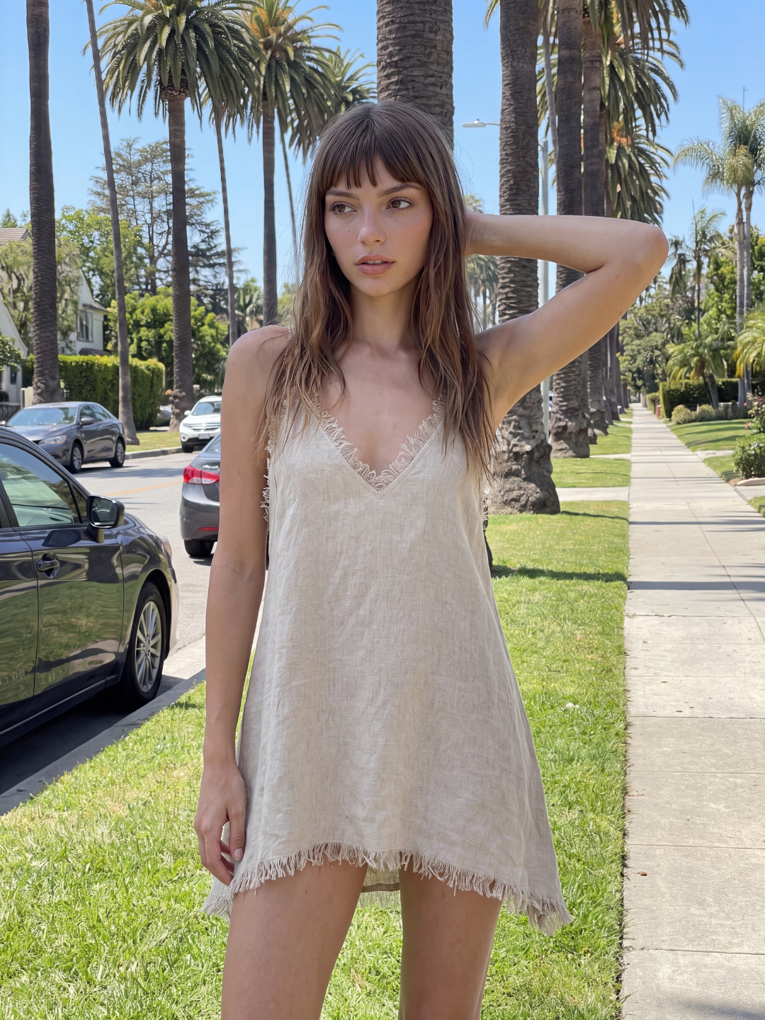 KYRIELLE Women's Frayed-Edge Linen-Blend Slip Mini Dress