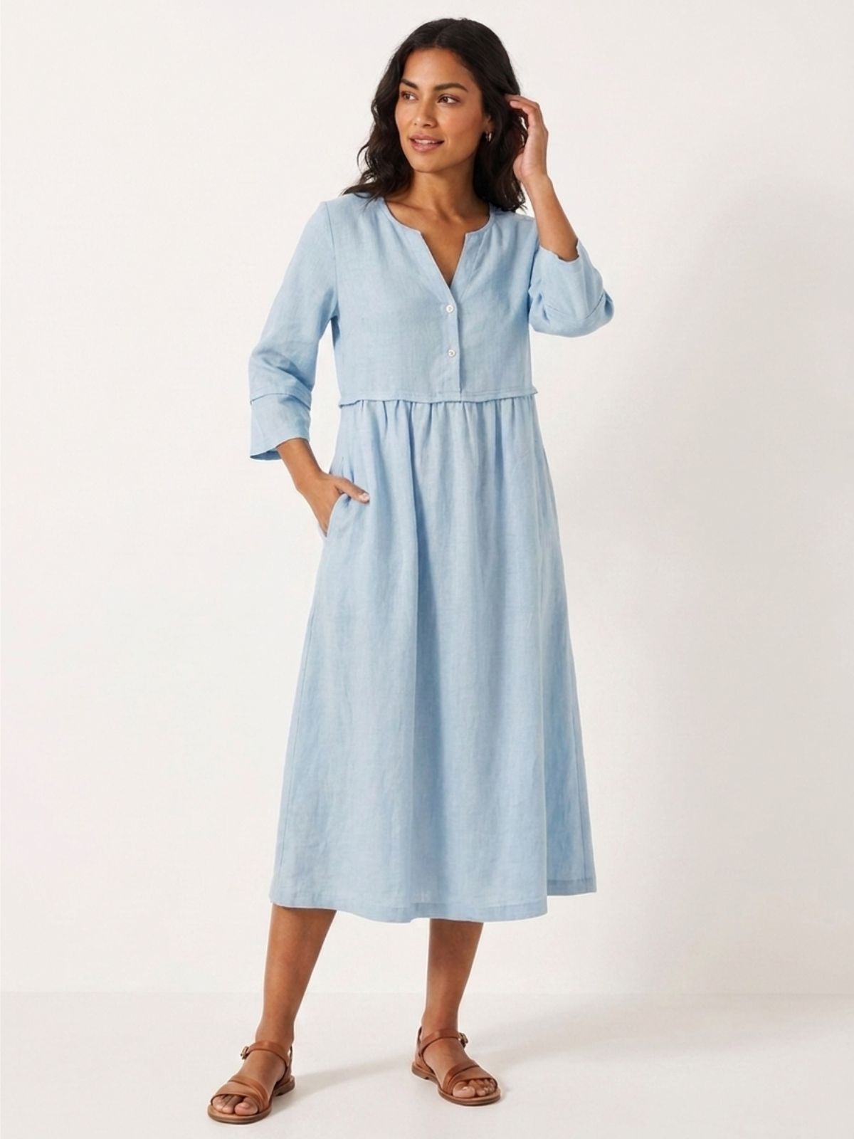 CORINNA Women's Linen Gathered Midi Dress with Three-Quarter Sleeves