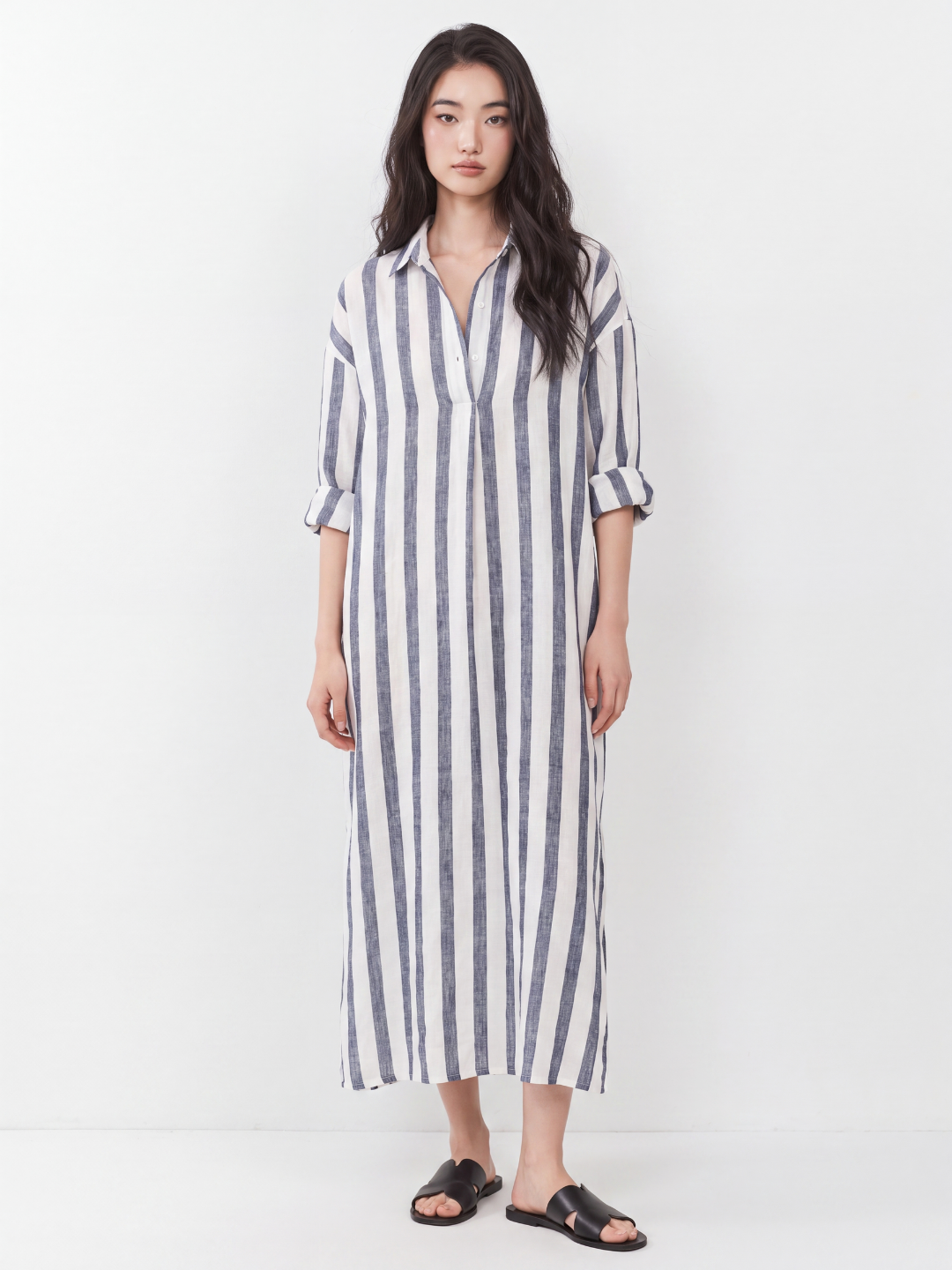 ISMAY Women's Striped Linen Long Shirt Dress