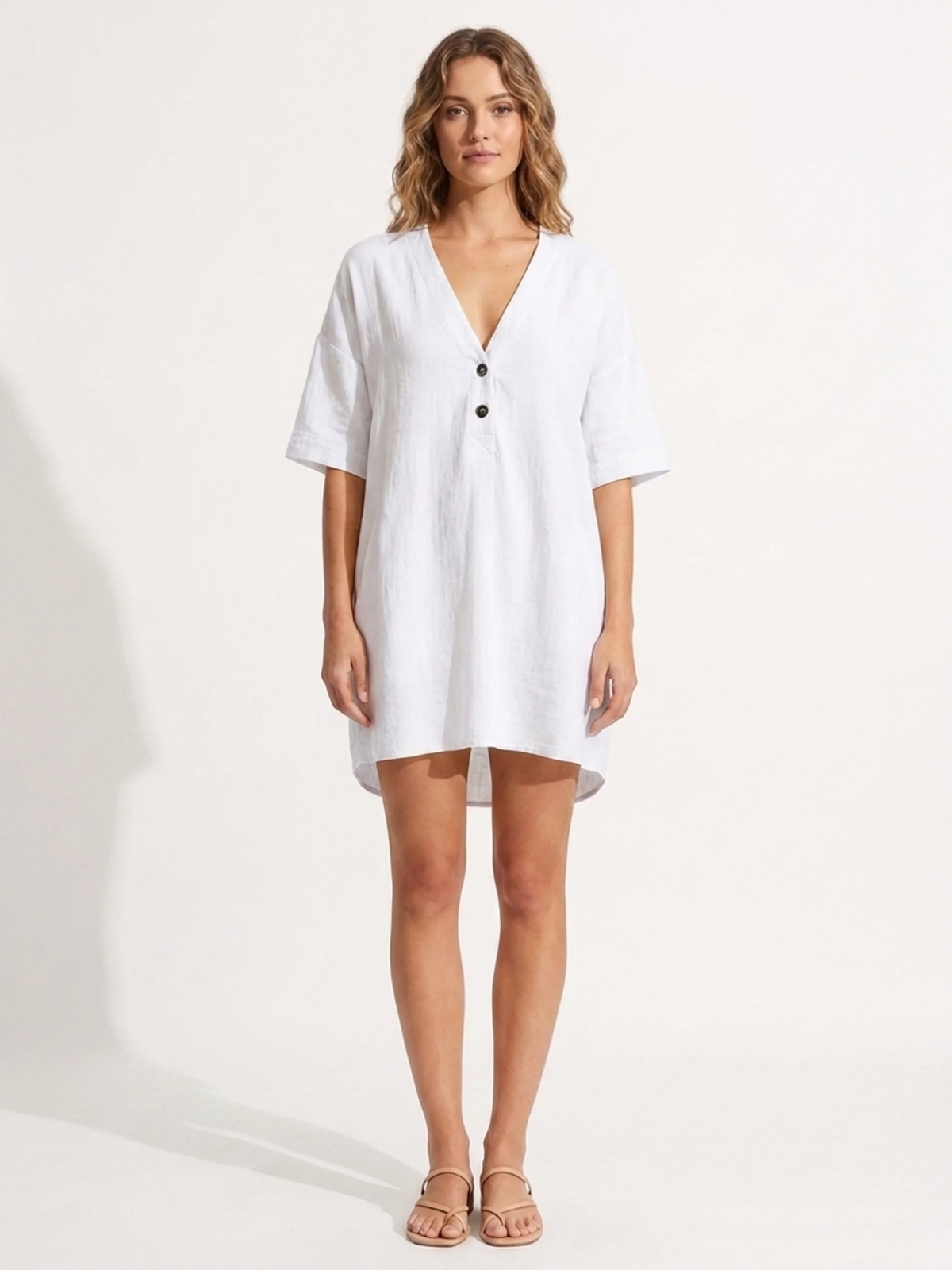 INGEBORG Women's V-Neck Linen Shift Mini Dress